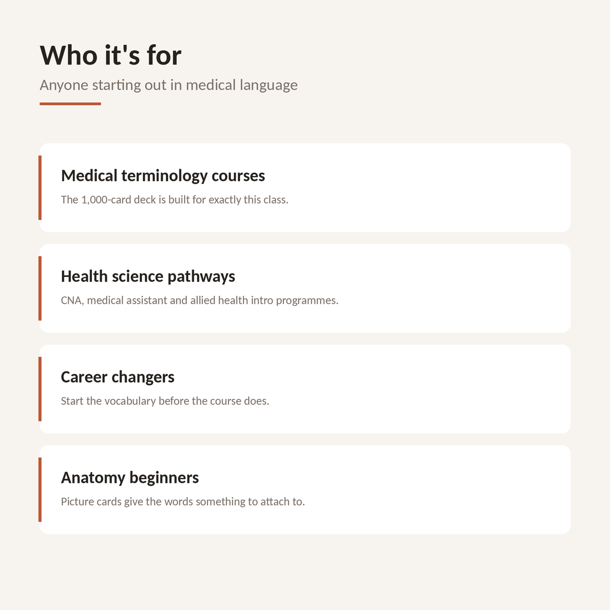 Flash card set for medical terminology courses, CNA and medical assistant programmes, and career changers