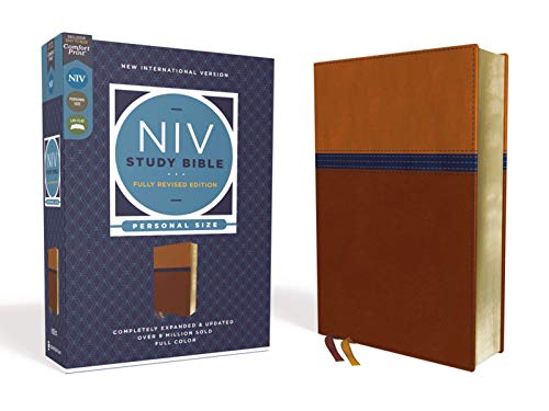 NIV Study Bible, Fully Revised Edition, Personal Size, Leathersoft, Brown/Blue, Red Letter, Comfort Print by Kenneth L Barker, Imitation Leather book cover
