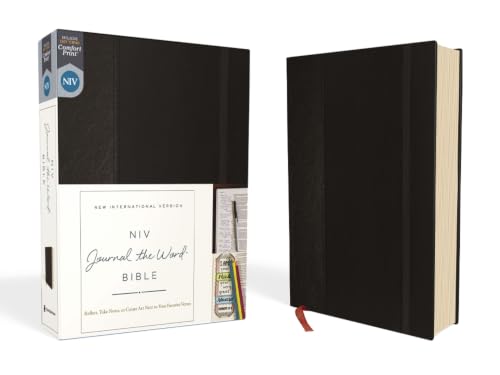 NIV, Journal the Word Bible, Hardcover, Black, Red Letter Edition, Comfort Print: Reflect, Take Notes, or Create Art Next to Your Favorite Verses by Zondervan, Hardcover book cover