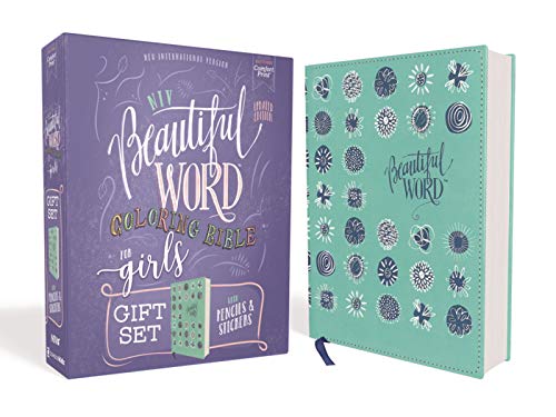 Niv, Beautiful Word Coloring Bible for Girls Pencil/Sticker Gift Set, Updated, Leathersoft Over Board, Teal, Comfort Print: 600+ Verses to Color by Zondervan, Hardcover book cover
