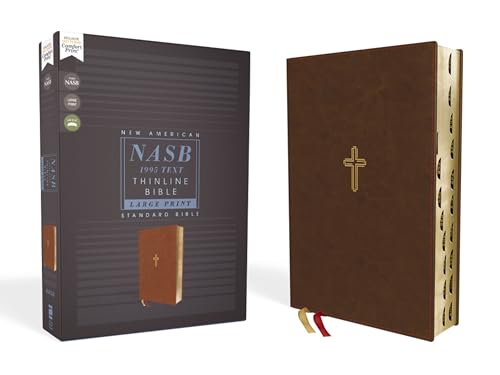 Nasb, Thinline Bible, Large Print, Leathersoft, Brown, Red Letter Edition, 1995 Text, Thumb Indexed, Comfort Print by Zondervan, Imitation Leather book cover
