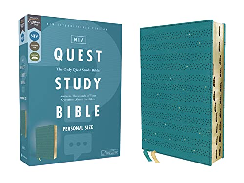 Niv, Quest Study Bible, Personal Size, Leathersoft, Teal, Thumb Indexed, Comfort Print: The Only Q and A Study Bible by Christianity Today Intl, Imitation Leather book cover