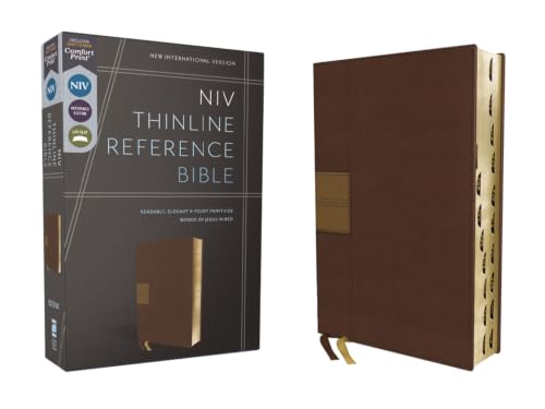 Niv, Thinline Reference Bible (Deep Study at a Portable Size), Leathersoft, Brown, Red Letter, Thumb Indexed, Comfort Print by Zondervan, Imitation Leather book cover