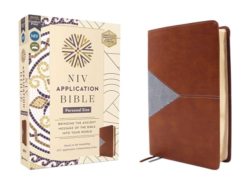 NIV Application Bible, Personal Size, Leathersoft, Brown/Blue, Red Letter, Comfort Print: Bringing the Ancient Message of the Bible Into Your World by Zondervan, Imitation Leather book cover