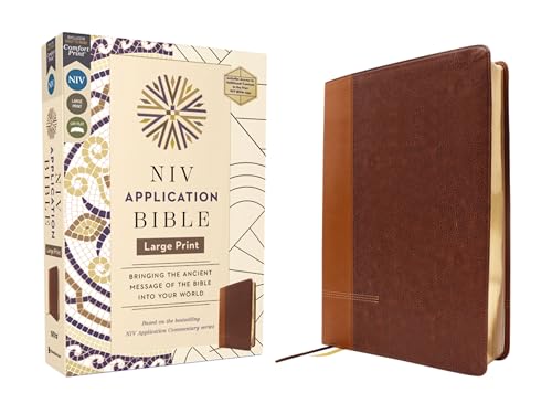 NIV Application Bible, Large Print, Leathersoft, Brown, Red Letter, Comfort Print: Bringing the Ancient Message of the Bible Into Your World by Zondervan, Imitation Leather book cover