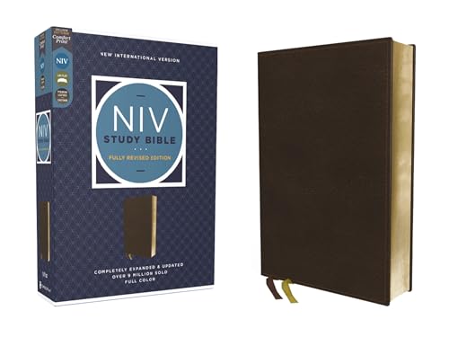 NIV Study Bible, Fully Revised Edition (Study Deeply. Believe Wholeheartedly.), Genuine Leather, Calfskin, Brown, Red Letter, Comfort Print book cover
