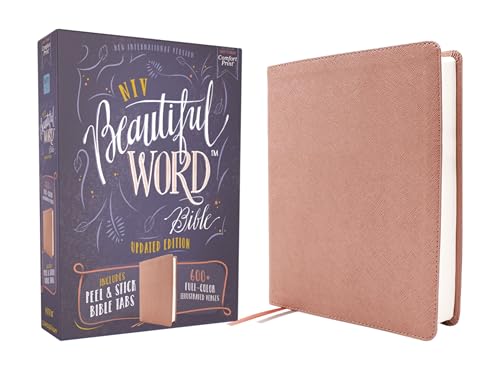 Niv, Beautiful Word Bible, Updated Edition, Peel/Stick Bible Tabs, Leathersoft, Pink, Red Letter, Comfort Print: 600+ Full-Color Illustrated Verses by Zondervan, Imitation Leather book cover