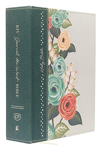 KJV, Journal the Word Bible, Large Print, Green Floral Cloth, Red Letter Edition: Reflect, Journal, or Create Art Next to Your Favorite Verses by Thomas Nelson, Hardcover book cover