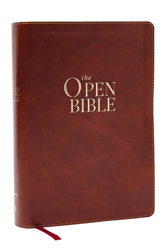 The Open Bible: Read and Discover the Bible for Yourself (NKJV Brown Leathersoft, Red Letter, Comfort Print) by Thomas Nelson, Imitation Leather book cover