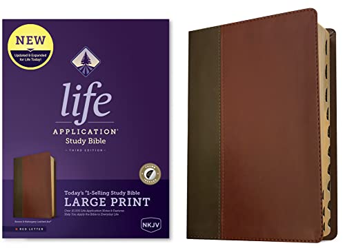 NKJV Life Application Study Bible, Third Edition, Large Print (Leatherlike, Brown/Mahogany, Indexed, Red Letter) by Tyndale, Imitation Leather book cover