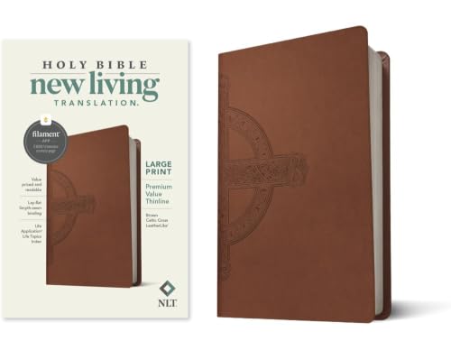 NLT Large Print Premium Value Thinline Bible, Filament Enabled (Leatherlike, Brown Celtic Cross) by New Living Translation, Imitation Leather book cover
