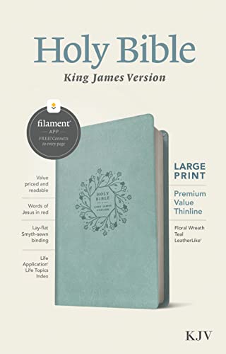 KJV Large Print Premium Value Thinline Bible, Filament Enabled (Leatherlike, Floral Wreath Teal, Red Letter) by Tyndale, Imitation Leather book cover