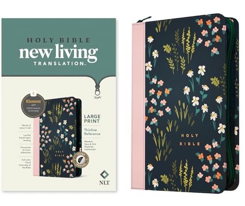 NLT Large Print Thinline Reference Zipper Bible, Filament Enabled (Leatherlike, Meadow Navy & Pink, Indexed, Red Letter) by New Living Translation, Imitation Leather book cover