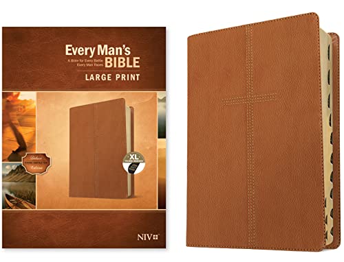 Every Man's Bible Niv, Large Print (Leatherlike, Cross Saddle Tan, Indexed) by Tyndale, Imitation Leather book cover