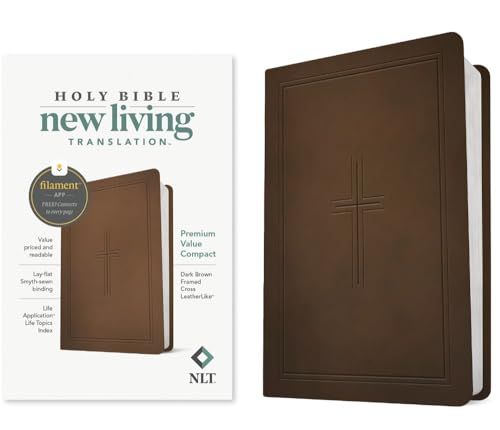 NLT Premium Value Compact Bible, Filament Enabled (Leatherlike, Dark Brown Framed Cross) by New Living Translation, Imitation Leather book cover
