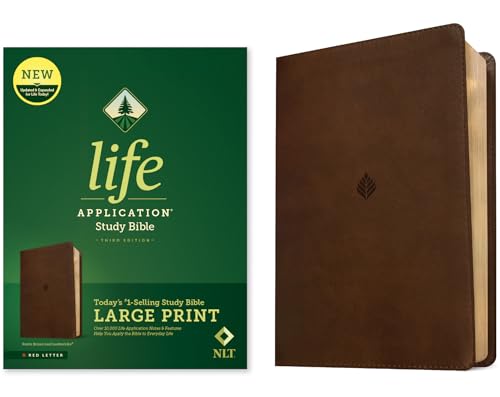 NLT Life Application Study Bible, Third Edition, Large Print (Leatherlike, Rustic Brown Leaf, Red Letter) by New Living Translation, Imitation Leather book cover
