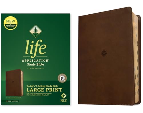 NLT Life Application Study Bible, Third Edition, Large Print (Leatherlike, Rustic Brown Leaf, Indexed, Red Letter) by New Living Translation, Imitation Leather book cover
