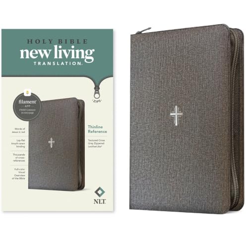 NLT Thinline Reference Zipper Bible, Filament Enabled (Leatherlike, Textured Cross Gray, Red Letter) by New Living Translation, Imitation Leather book cover