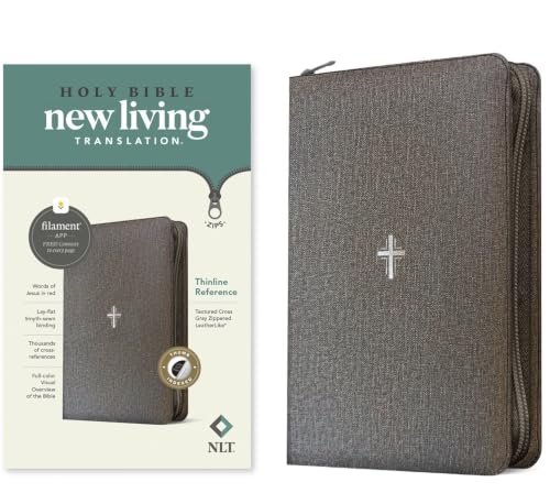 NLT Thinline Reference Zipper Bible, Filament Enabled (Leatherlike, Textured Cross Gray, Indexed, Red Letter) by New Living Translation, Imitation Leather book cover