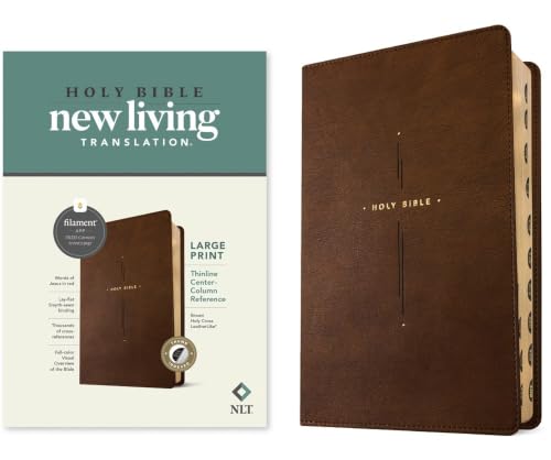 NLT Large Print Thinline Center-Column Reference Bible, Filament Enabled (Leatherlike, Brown Holy Cross, Indexed, Red Letter) by New Living Translation, Imitation Leather book cover