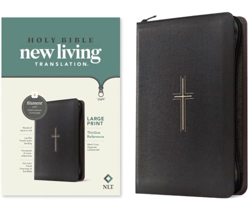 NLT Large Print Thinline Reference Zipper Bible, Filament Enabled (Leatherlike, Black Cross, Red Letter) by New Living Translation, Imitation Leather book cover