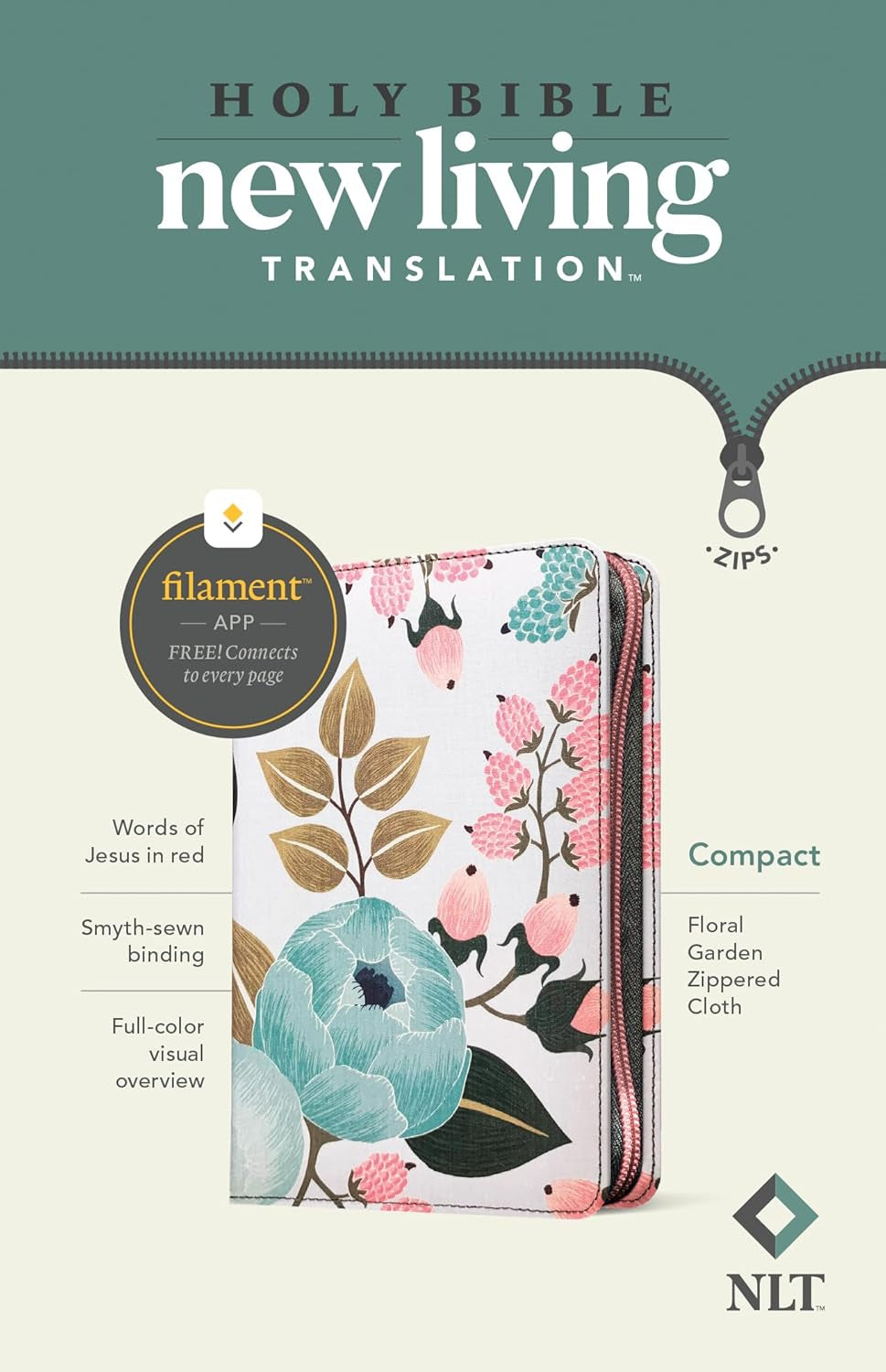 NLT Compact Zipper Bible, Filament Enabled (Cloth, Floral Garden, Red Letter)