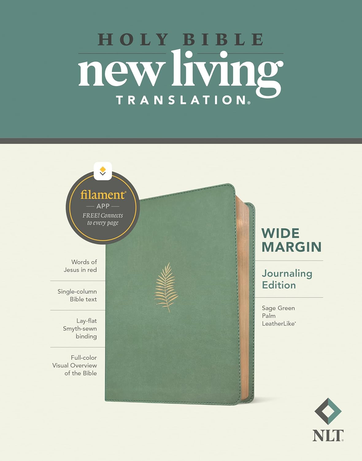NLT Wide Margin Bible, Filament Enabled (Leatherlike, Sage Green Palm, Red Letter)