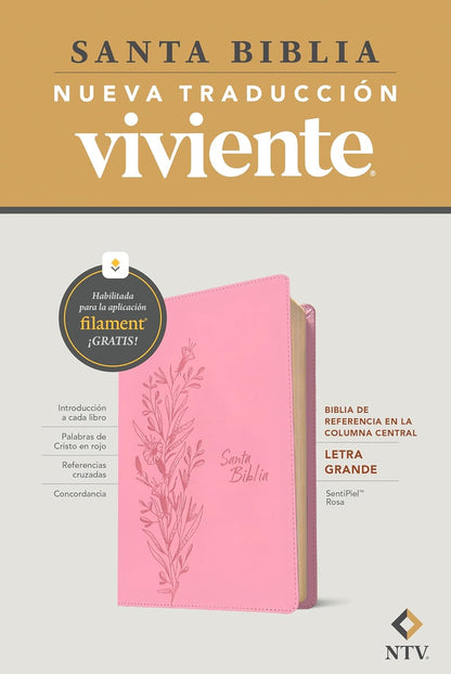 Biblia De Referencia En La Columna Central NTV, Letra Grande Con Filament (Sentipiel, Rosa, Letra Roja) (Spanish Edition)