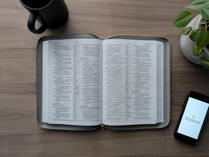 Biblia De Referencia En La Columna Central NTV, Letra Grande De Zíper Con Filament (Sentipiel, Gris, Letra Roja) (Spanish Edition)