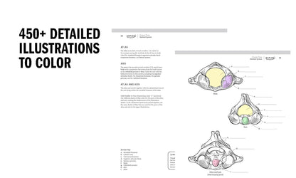 Anatomy coloring book with a quiz accompanying each medical illustration
