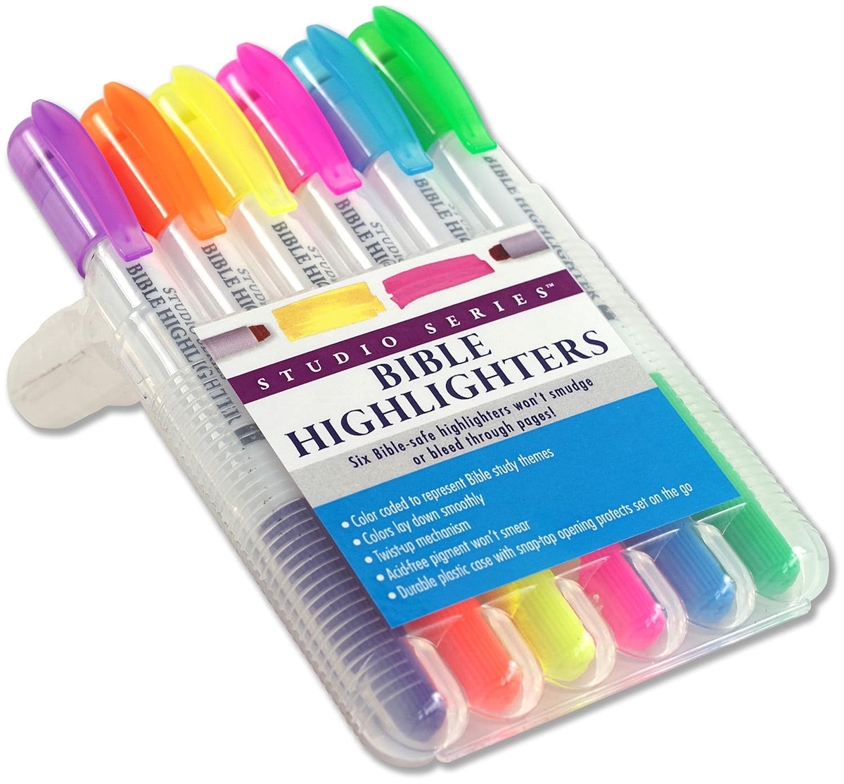 Bible Highlighters Set of 6 - Bible-Safe No Bleed Through Highlighters with Snap-Top Case, Studio Series