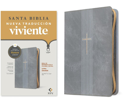 Biblia De Referencia En La Columna Central NTV, Letra Grande De Zíper Con Filament (Sentipiel, Gris, Letra Roja) (Spanish Edition)