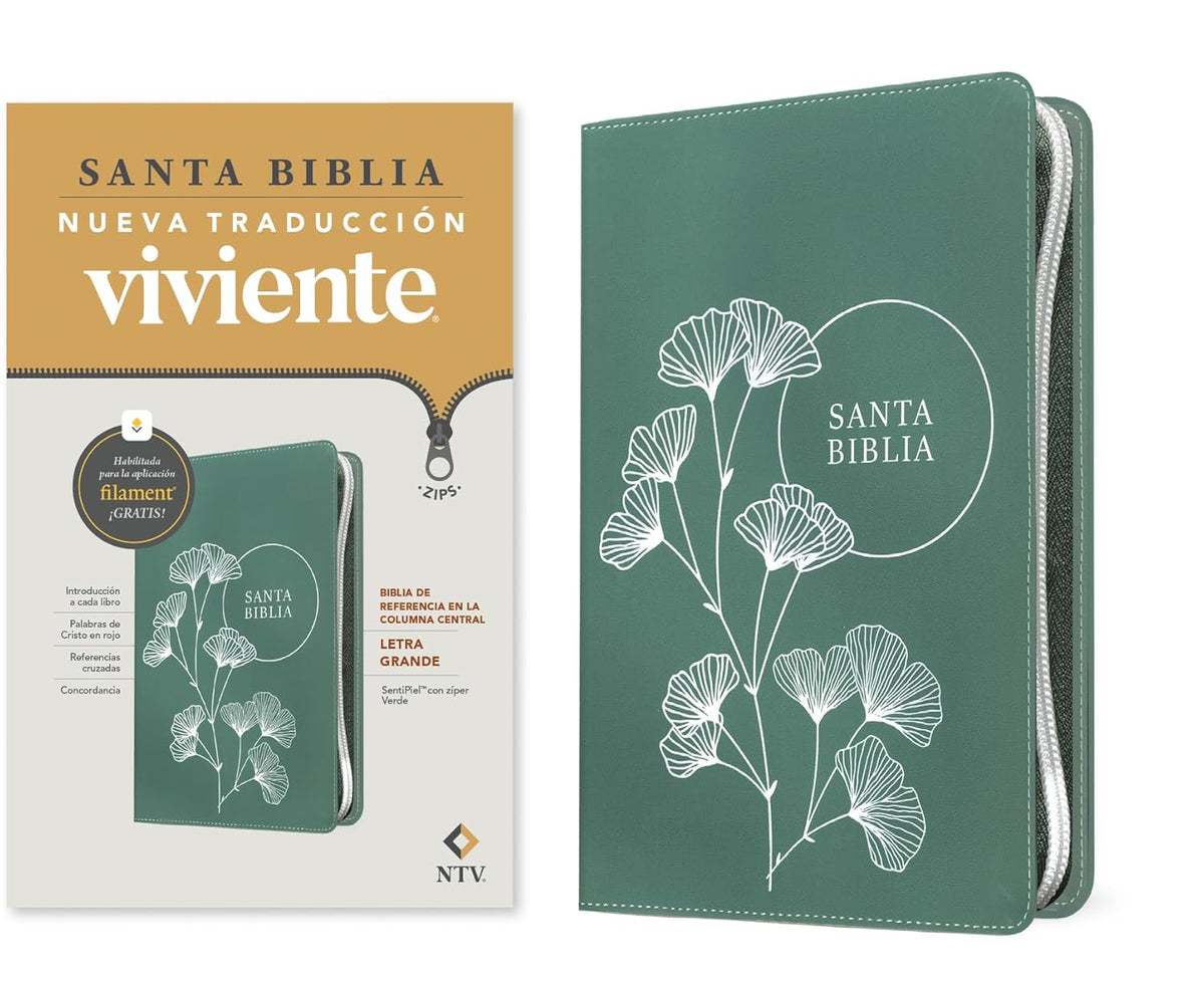 Biblia De Referencia En La Columna Central NTV, Letra Grande De Zíper Con Filament (Sentipiel, Verde, Letra Roja) (Spanish Edition)