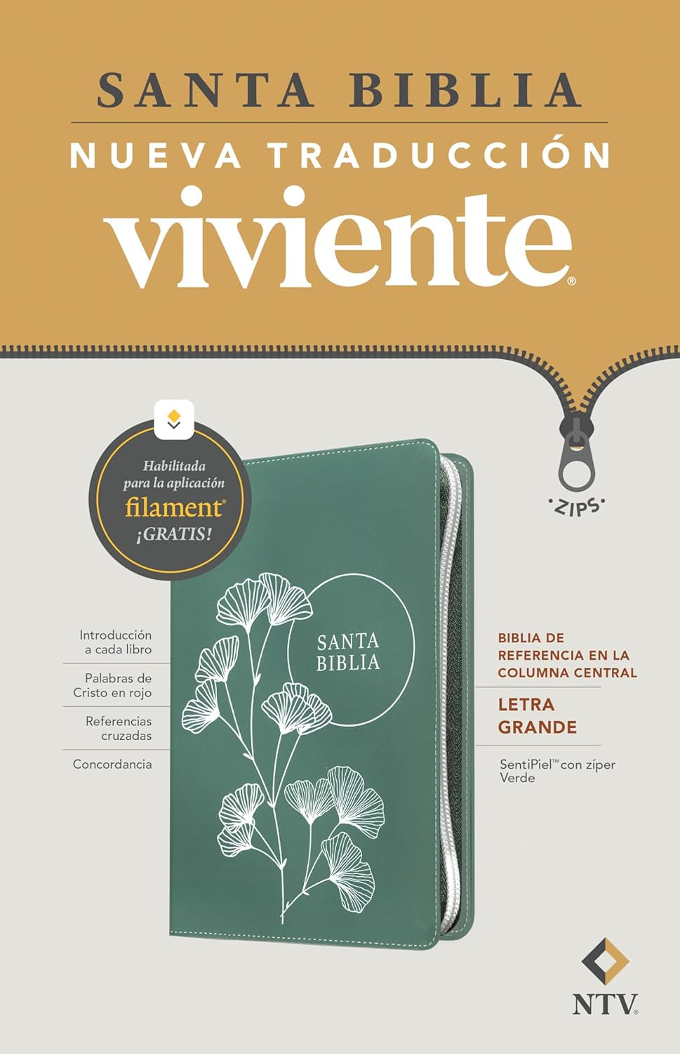 Biblia De Referencia En La Columna Central NTV, Letra Grande De Zíper Con Filament (Sentipiel, Verde, Letra Roja) (Spanish Edition)