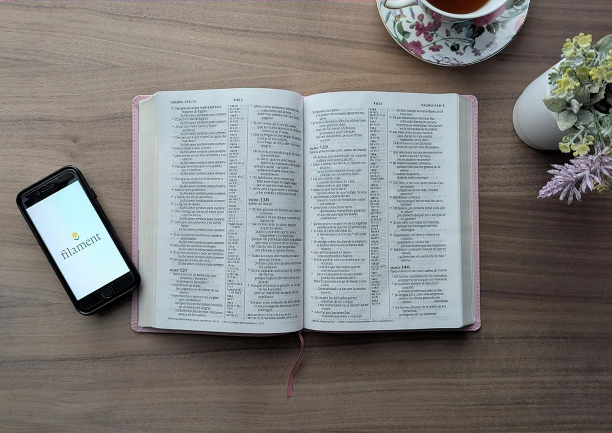 Biblia De Referencia En La Columna Central NTV, Letra Grande Con Filament (Sentipiel, Rosa, Letra Roja) (Spanish Edition)