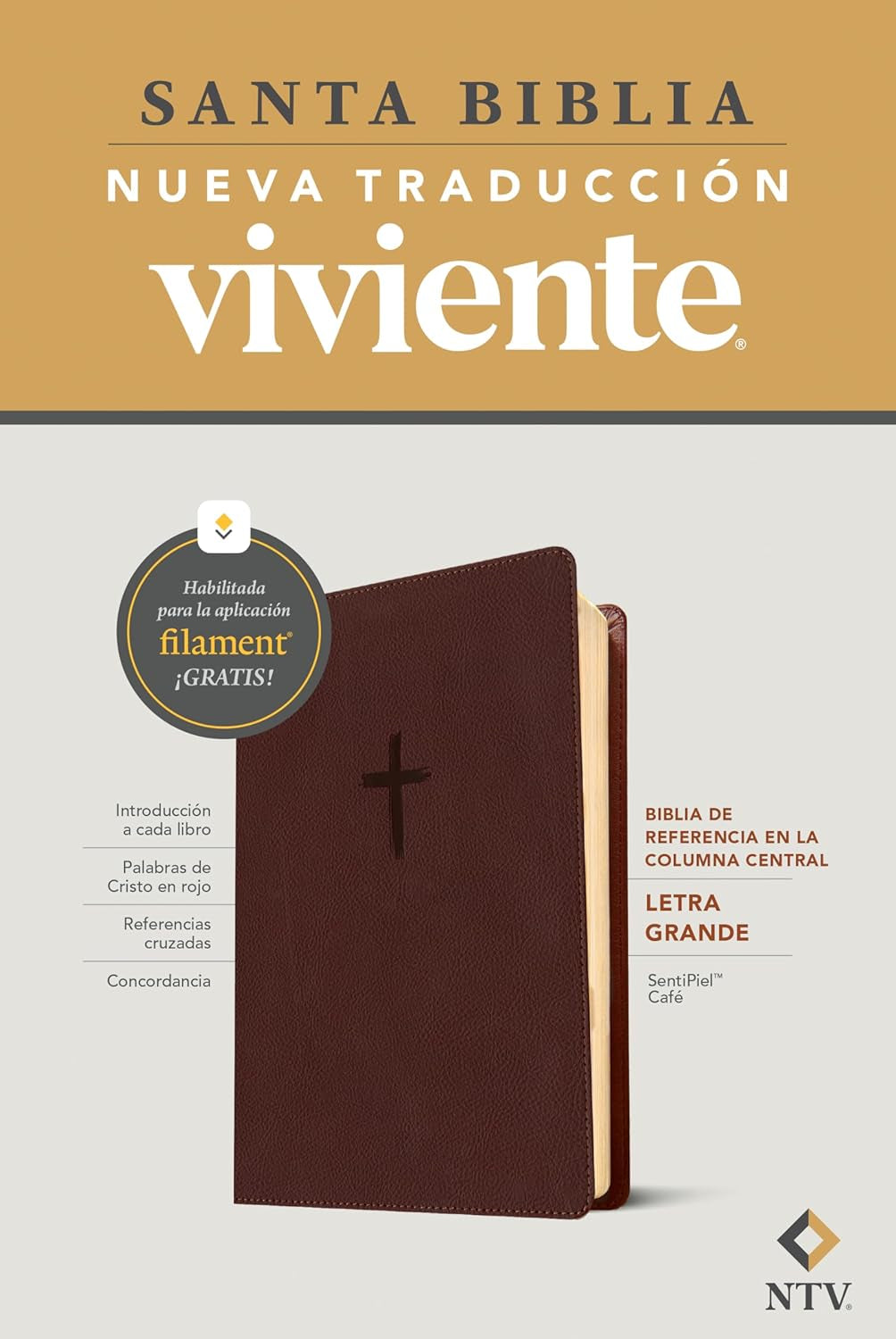 Biblia De Referencia En La Columna Central NTV, Letra Grande Con Filament (Sentipiel, Café, Letra Roja) (Spanish Edition)