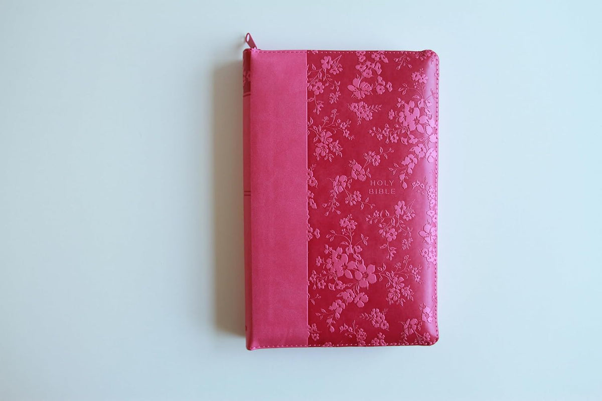 KJV Holy Bible, Large Print Handy Size, Fuchsia Premium Imitation Leather W/Ribbon Marker, Red Letter, Zipper (KJV Medium Size Large Print Editions)