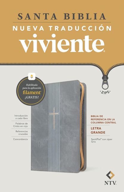 Biblia De Referencia En La Columna Central NTV, Letra Grande De Zíper Con Filament (Sentipiel, Gris, Letra Roja) (Spanish Edition)