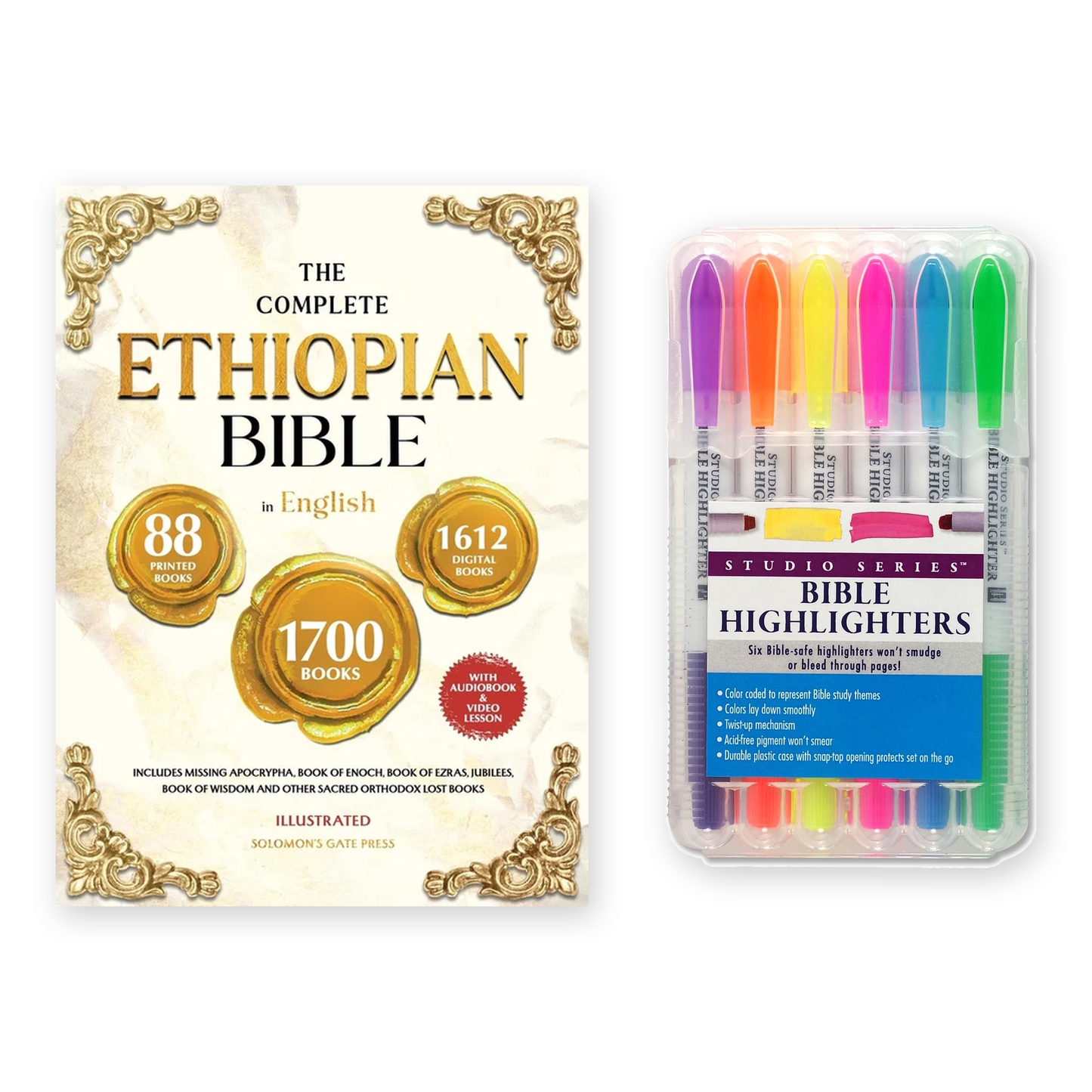 Ethiopian Bible Study Set — Complete Ethiopian Bible in English, Illustrated (88 Books, Enoch, Jubilees, Ezras, Apocrypha) + 6 Bible-Safe Highlighters, No Bleed-Through