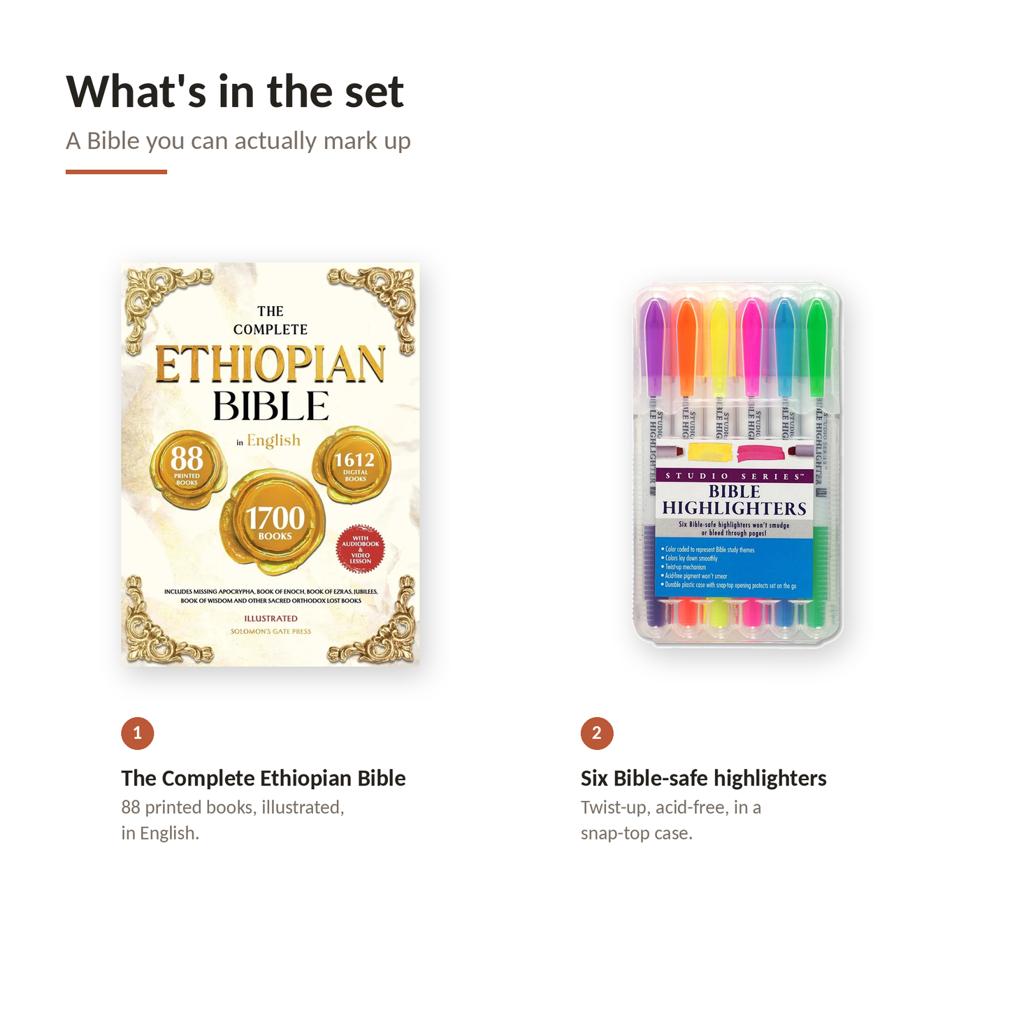 Ethiopian Bible Study Set — Complete Ethiopian Bible in English, Illustrated (88 Books, Enoch, Jubilees, Ezras, Apocrypha) + 6 Bible-Safe Highlighters, No Bleed-Through