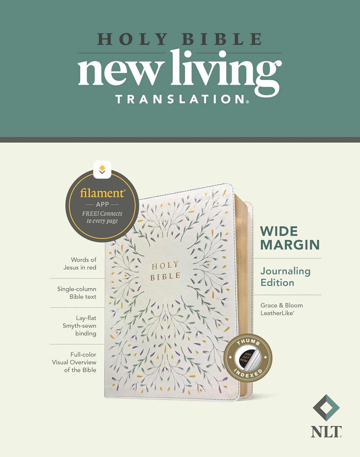 NLT Wide Margin Bible, Filament Enabled (Leatherlike, Grace & Bloom, Indexed, Red Letter)