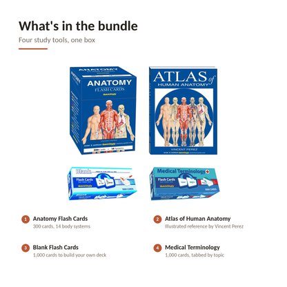 4-in-1 Anatomy and Medical Study Bundle - 300 Anatomy Flash Cards, Atlas of Human Anatomy, 1000 Medical Terminology Cards, 1000 Blank Study Cards